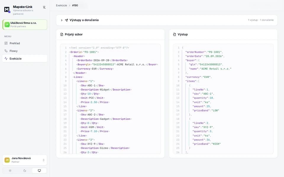 Prijaté XML a vytvorený JSON vedľa seba